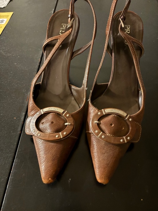 Prada Shoes - Brown Prada sling back heels with metal detail size 38